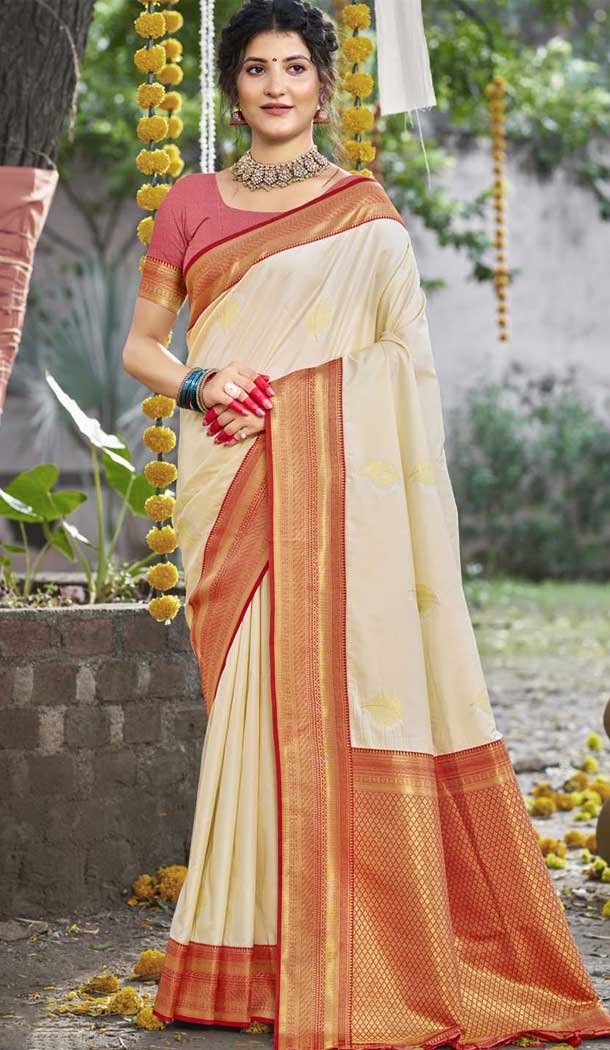 Art Silk Weaving Work Party Wear Saree In Cream - 11435200835