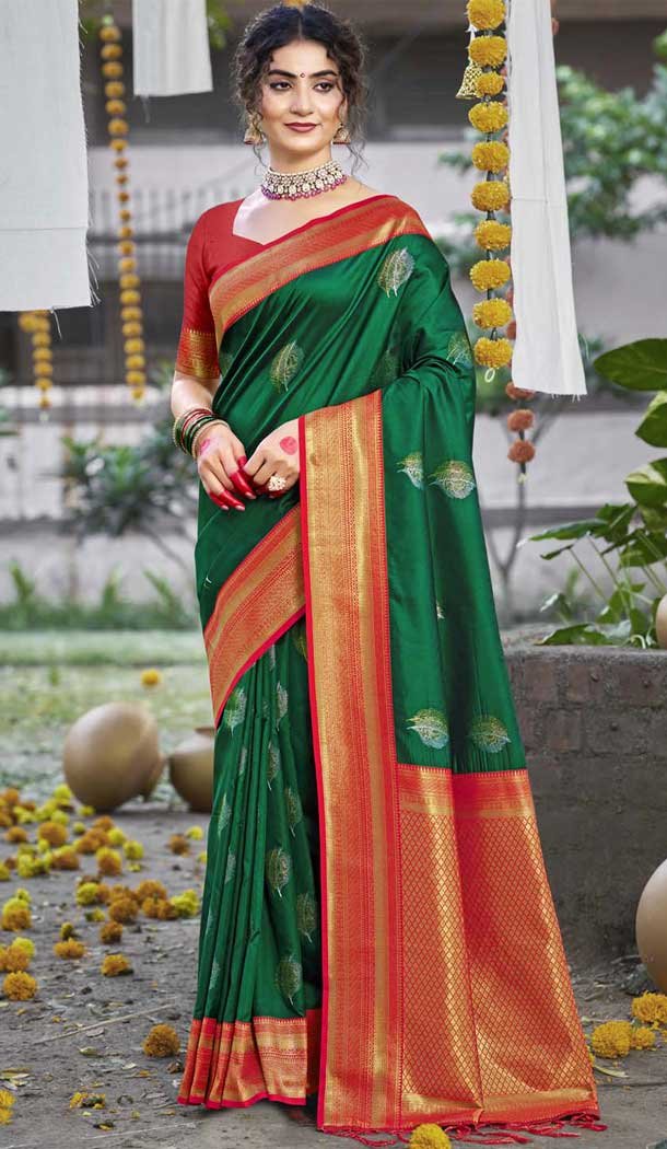 Art Silk Weaving Work Party Wear Saree In Dark Green - 11435200836