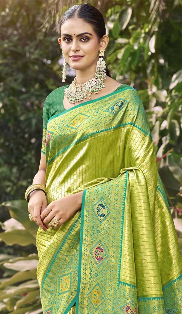 Parrot Green Art Silk Woven Work Designer Party Wear Saree - 11436200842