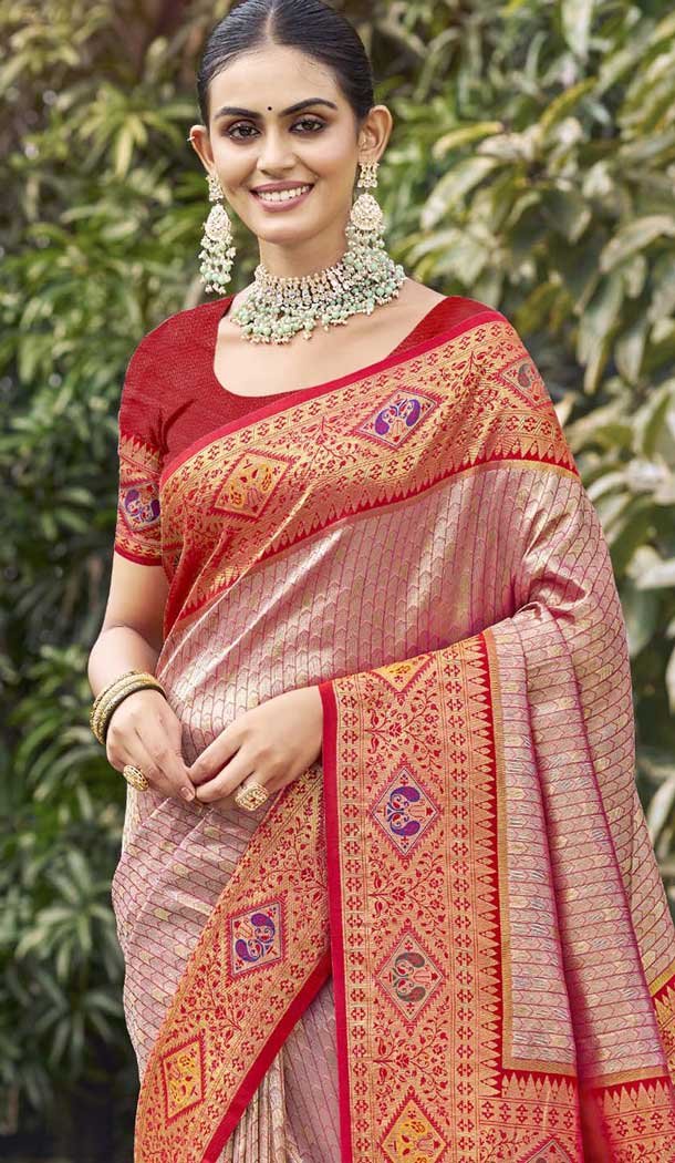 Dark Peach Art Silk Woven Work Designer Party Wear Saree - 11436200844