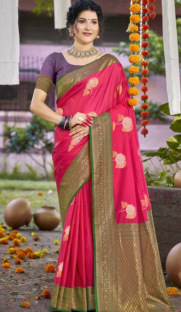 Art Silk Printed Party Wear Designer Saree In Rani Pink - 11437200846