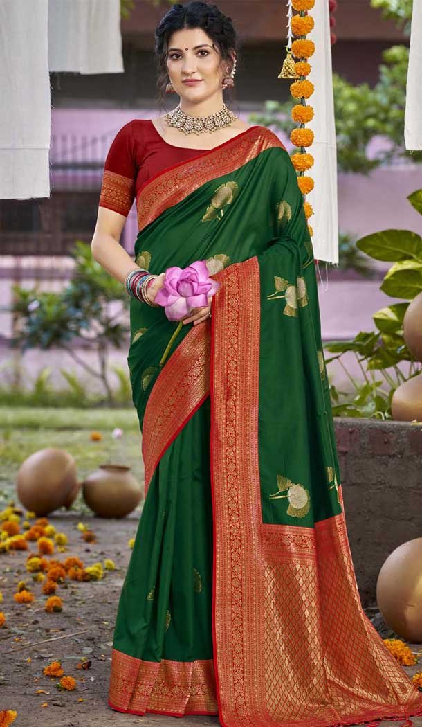 Art Silk Printed Party Wear Designer Saree In Dark Green - 11437200847
