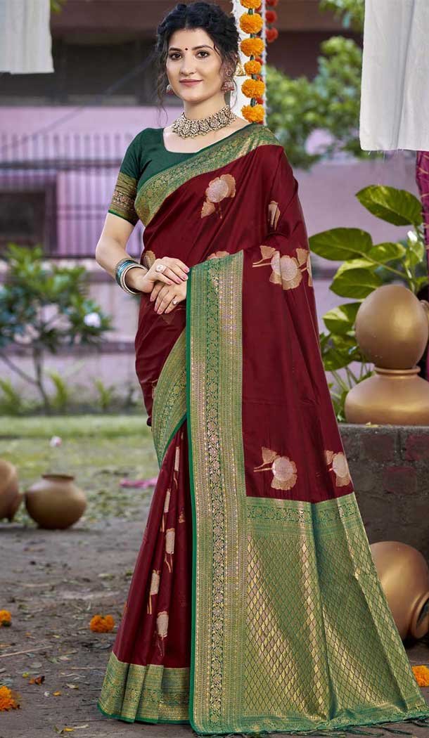 Art Silk Printed Party Wear Designer Saree In Wine - 11437200848