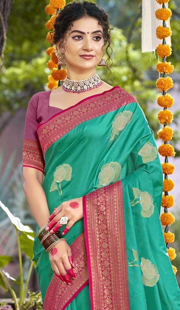 Art Silk Printed Party Wear Designer Saree In Rama Blue - 11437200850