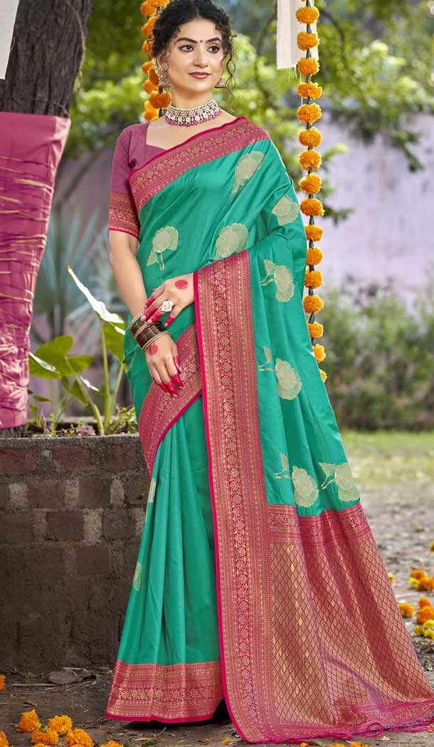 Art Silk Printed Party Wear Designer Saree In Rama Blue - 11437200850