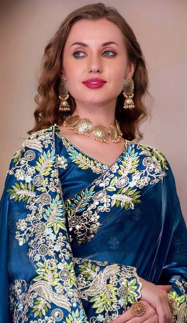 Teal Blue Soft Jimmy Choo Embroidered Party Wear Saree - 11552201636