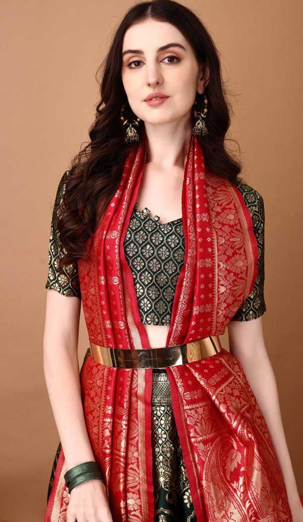 Green Soft Silk Jacquard Work Party Wear Lehenga Choli - 11553201640