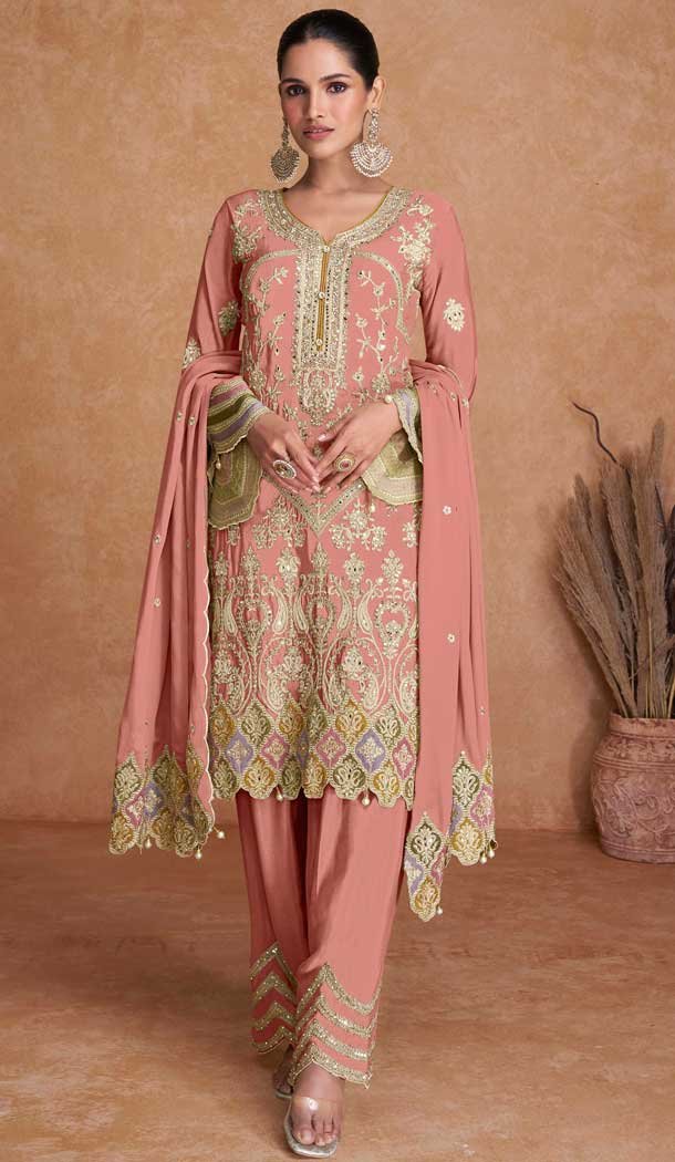 Chinon Embroidered Party Wear Palazzo Salwar Suit In Peach - 11556201656