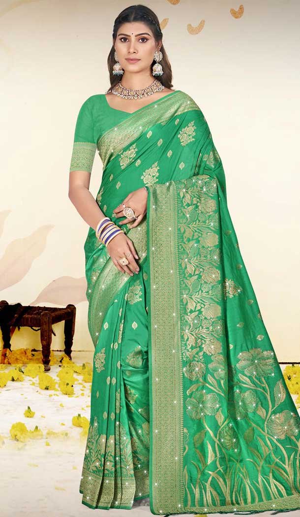 Art Silk Printed Party Wear Saree In Green - 11416200717