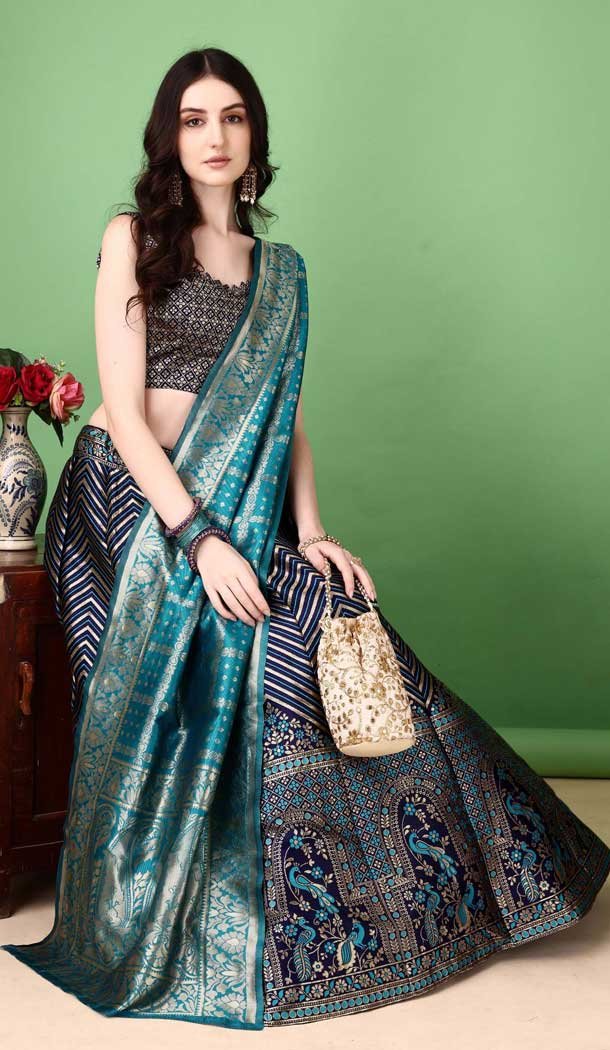 Turquoise Blue Silk Jacquard Work Casual Party Wear Lehenga Choli  - 11564201698