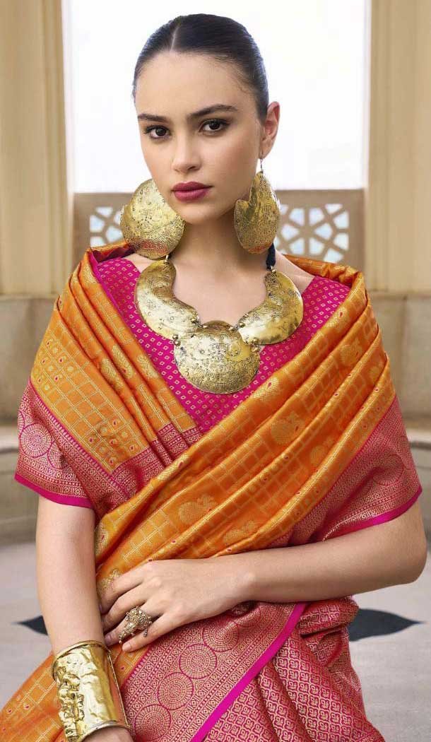 Banarasi Silk Weaving Work Party Wear Saree In Orange - 11576201773