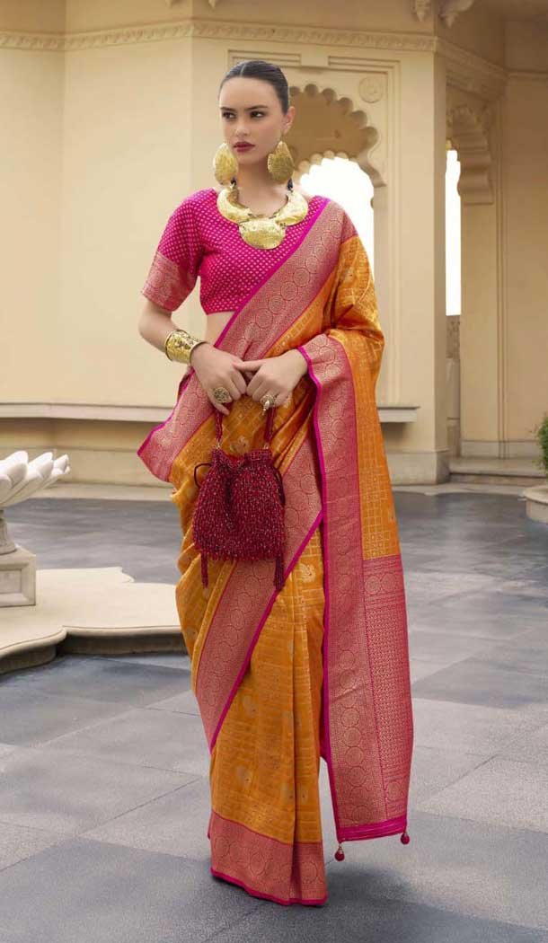 Banarasi Silk Weaving Work Party Wear Saree In Orange - 11576201773