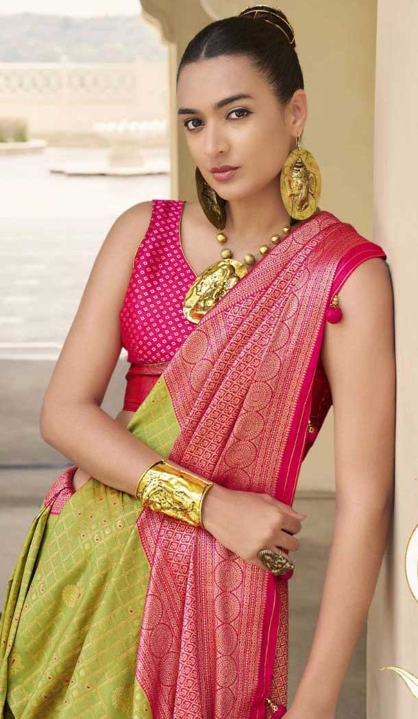 Banarasi Silk Weaving Work Party Wear Saree In Parrot Green - 11576201774