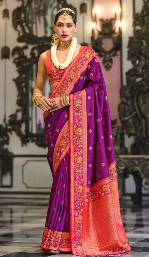 Purple Banarasi Silk Resham Work Designer Party Wear Saree - 11577201776
