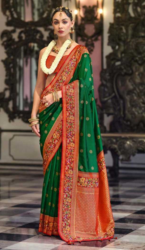 Dark Green Banarasi Silk Resham Work Designer Party Wear Saree - 11577201778