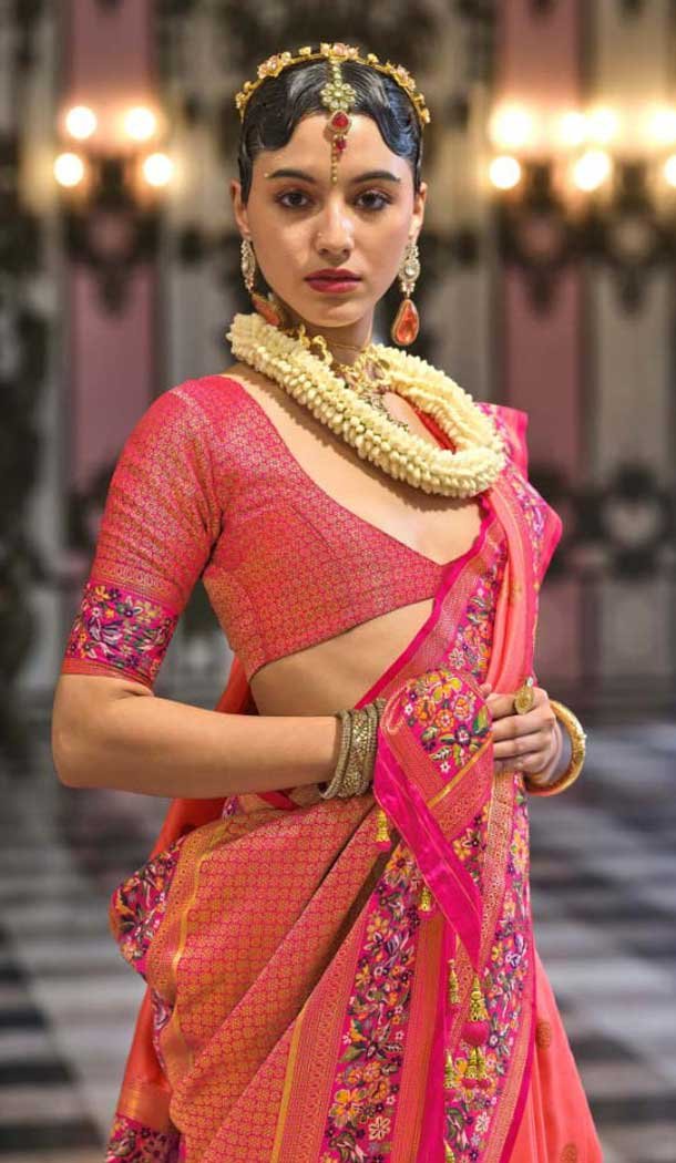 Pink Banarasi Silk Resham Work Designer Party Wear Saree - 11577201779