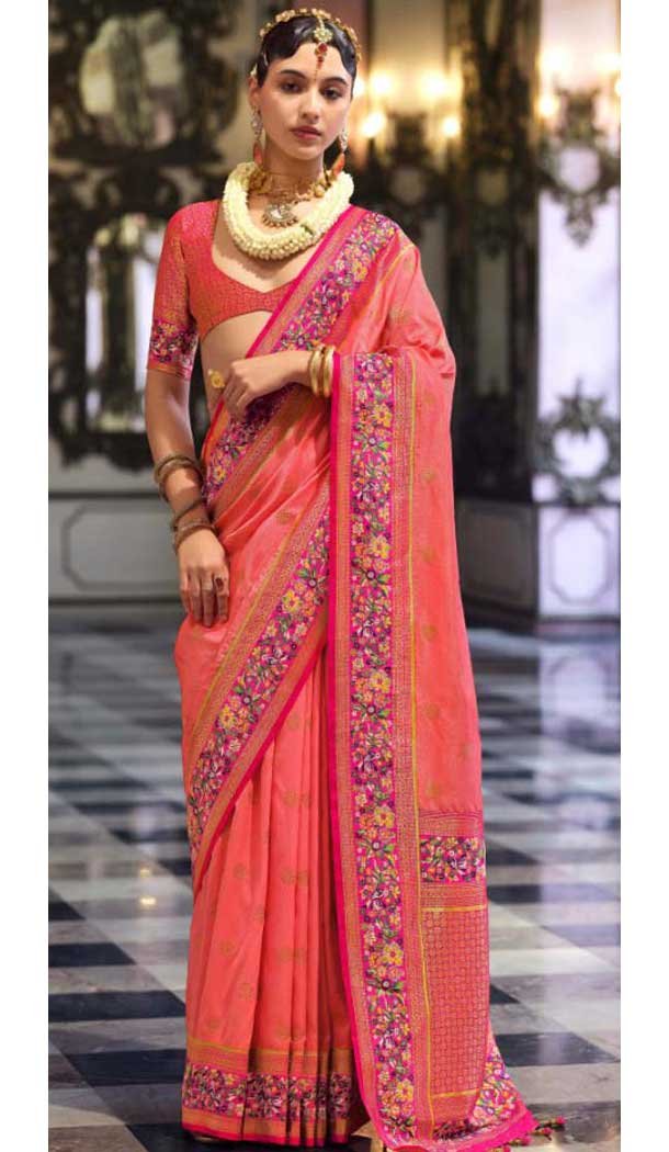 Pink Banarasi Silk Resham Work Designer Party Wear Saree - 11577201779