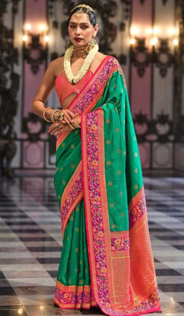 Rama Blue Banarasi Silk Resham Work Designer Party Wear Saree - 11577201780