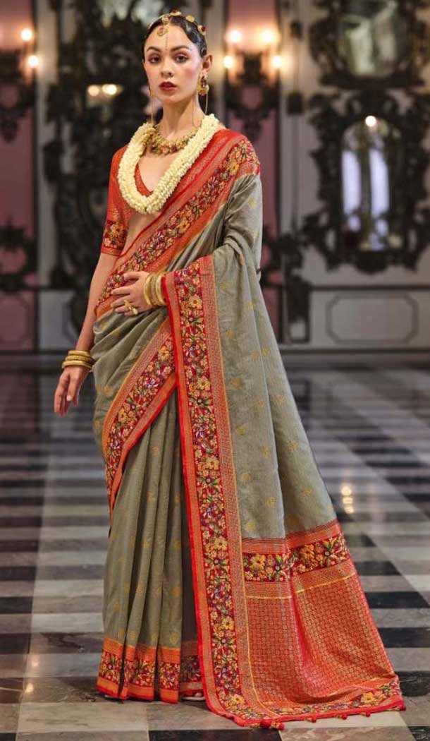 Grey Banarasi Silk Resham Work Designer Party Wear Saree - 11577201781