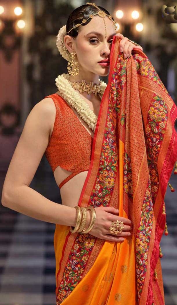 Orange Banarasi Silk Resham Work Designer Party Wear Saree - 11577201782