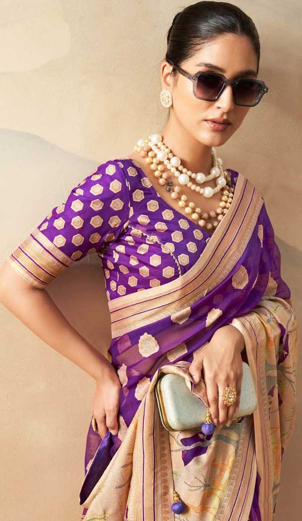 Georgette Zari Weaving Work Party Wear Saree In Purple - 11579201793