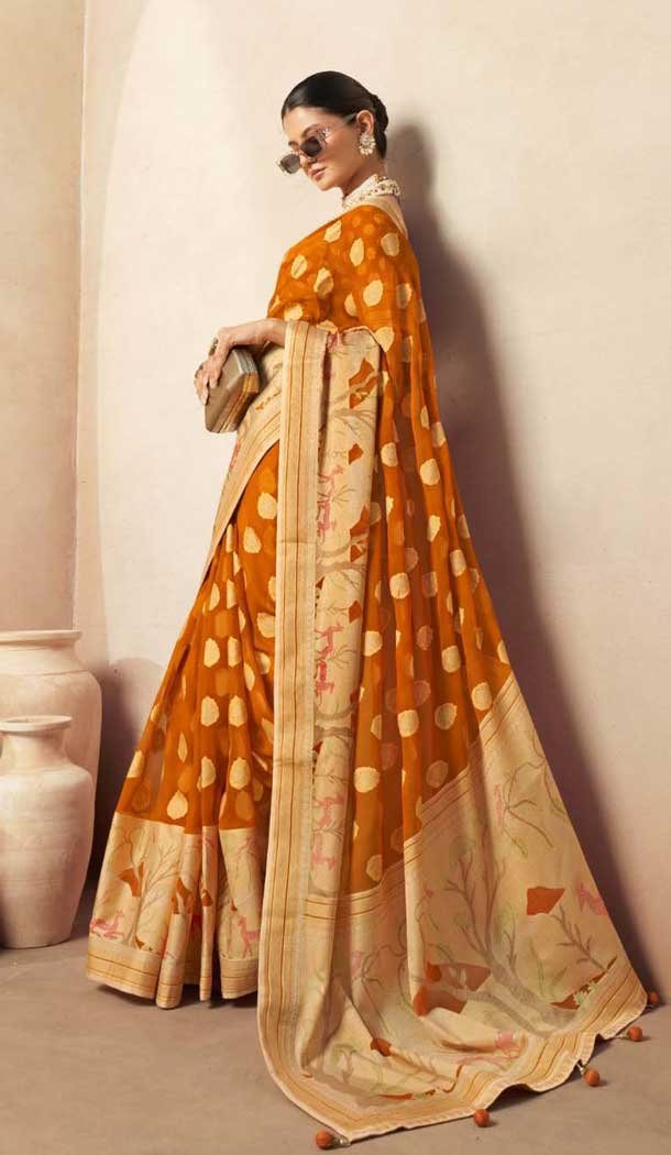 Georgette Zari Weaving Work Party Wear Saree In Yellow - 11579201795