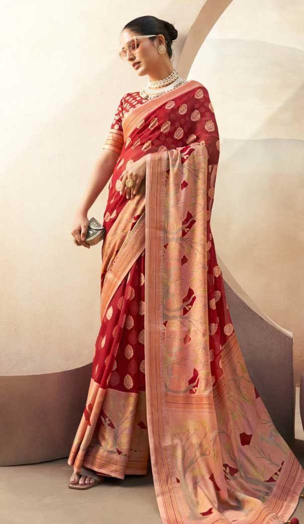 Georgette Zari Weaving Work Party Wear Saree In Red - 11579201796