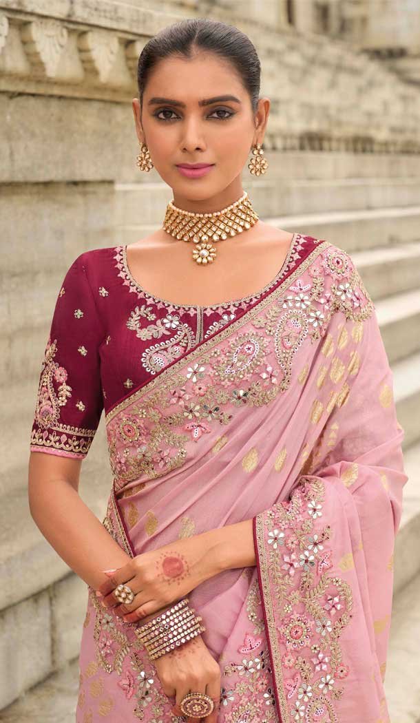 Baby Pink Tissue Silk Embroidery Butti Work Wedding Wear Saree - 11615202163