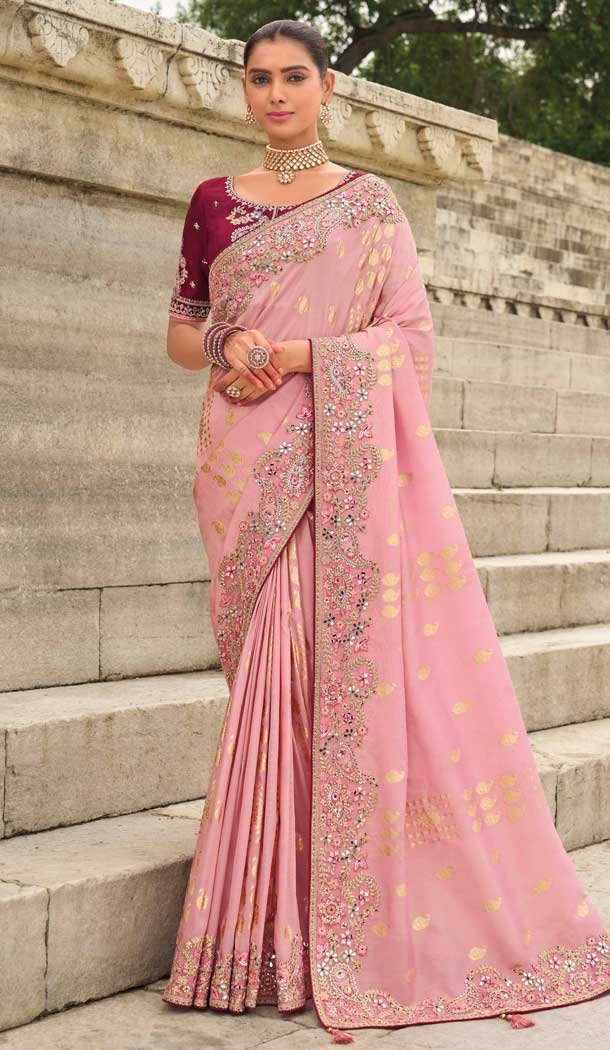 Baby Pink Tissue Silk Embroidery Butti Work Wedding Wear Saree - 11615202163