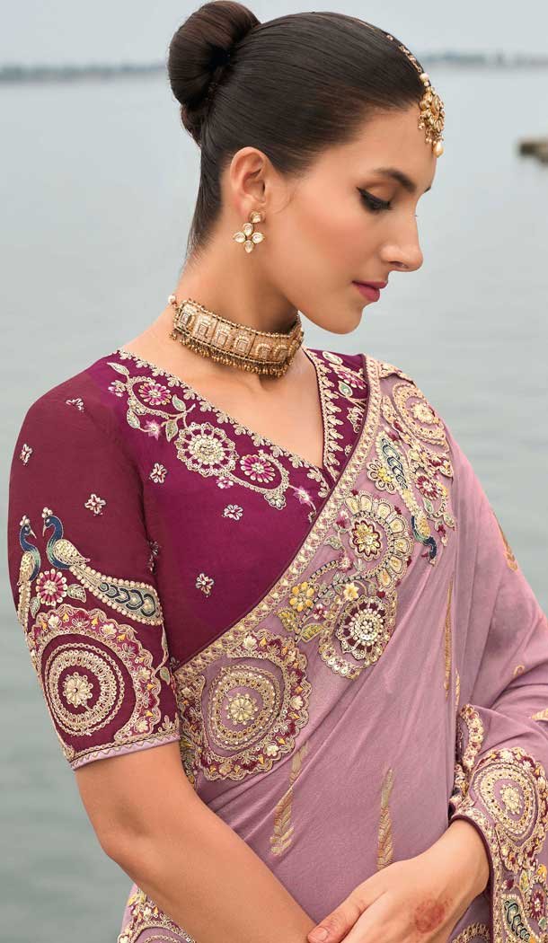Mauve Tissue Silk Embroidery Butti Work Wedding Wear Saree - 11615202164
