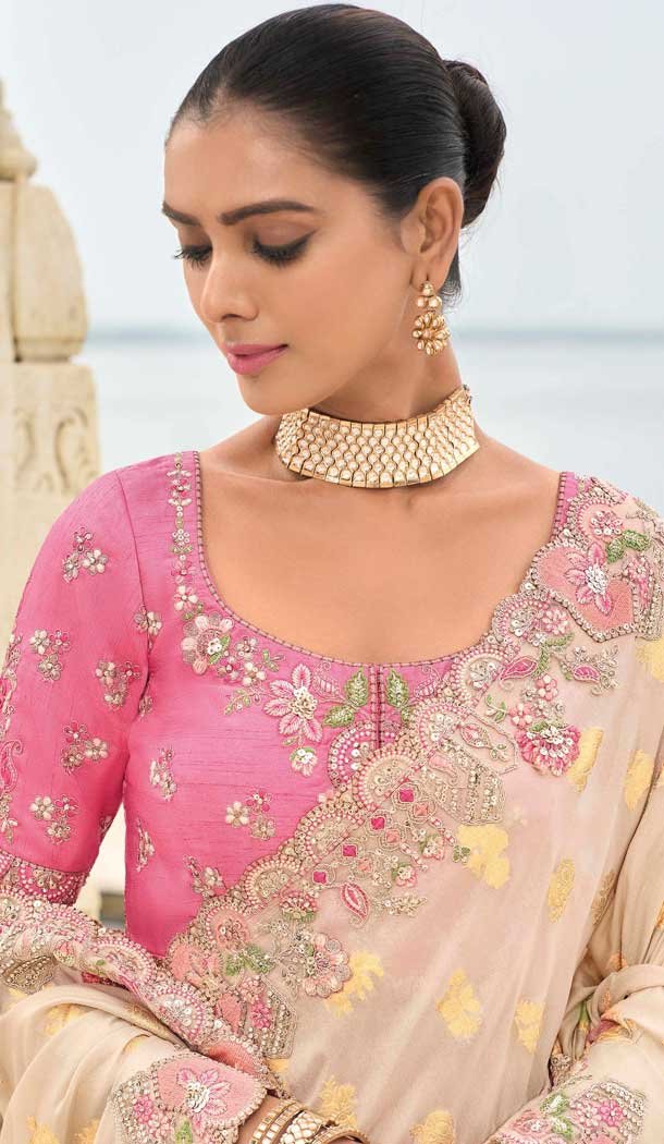 Cream Tissue Silk Embroidery Butti Work Wedding Wear Saree - 11615202167