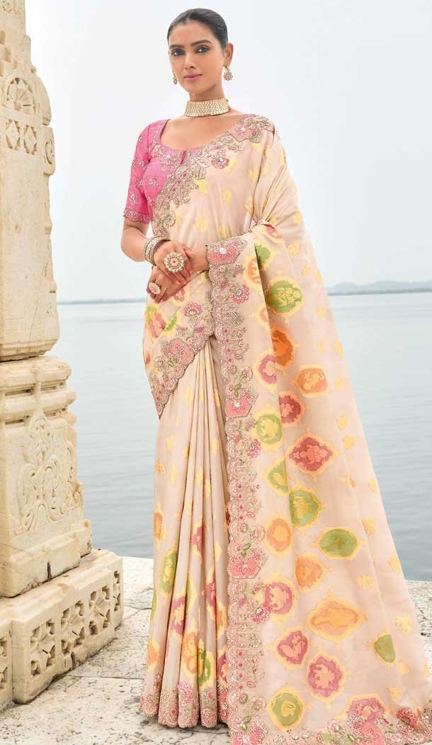 Cream Tissue Silk Embroidery Butti Work Wedding Wear Saree - 11615202167