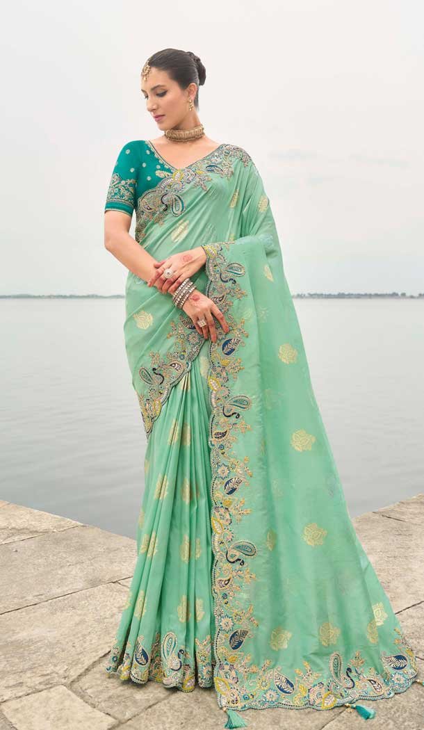 Mint Green Tissue Silk Embroidery Butti Work Wedding Wear Saree - 11615202168