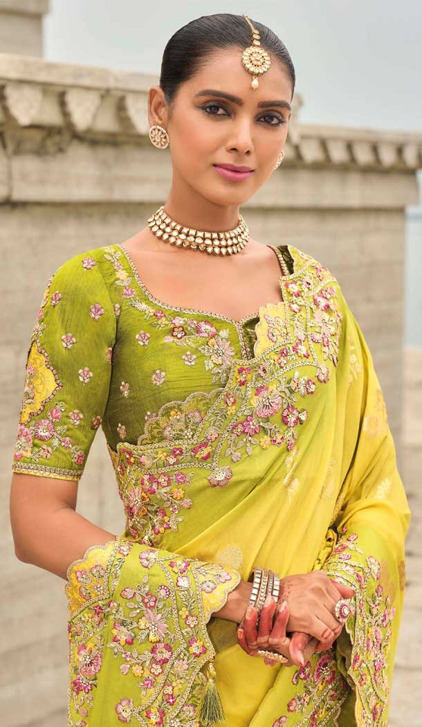 Yellow Tissue Silk Embroidery Butti Work Wedding Wear Saree - 11615202170
