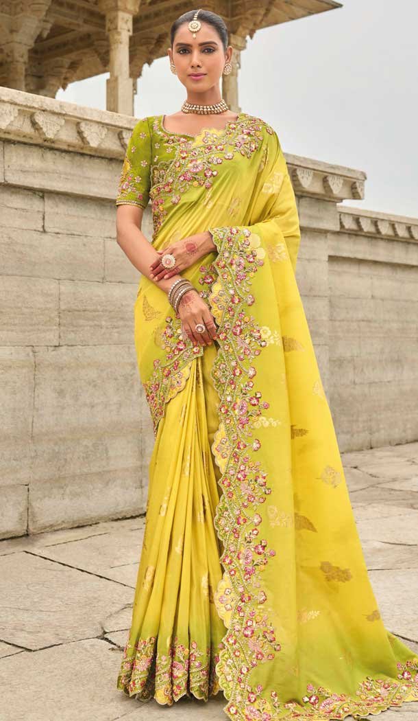 Yellow Tissue Silk Embroidery Butti Work Wedding Wear Saree - 11615202170