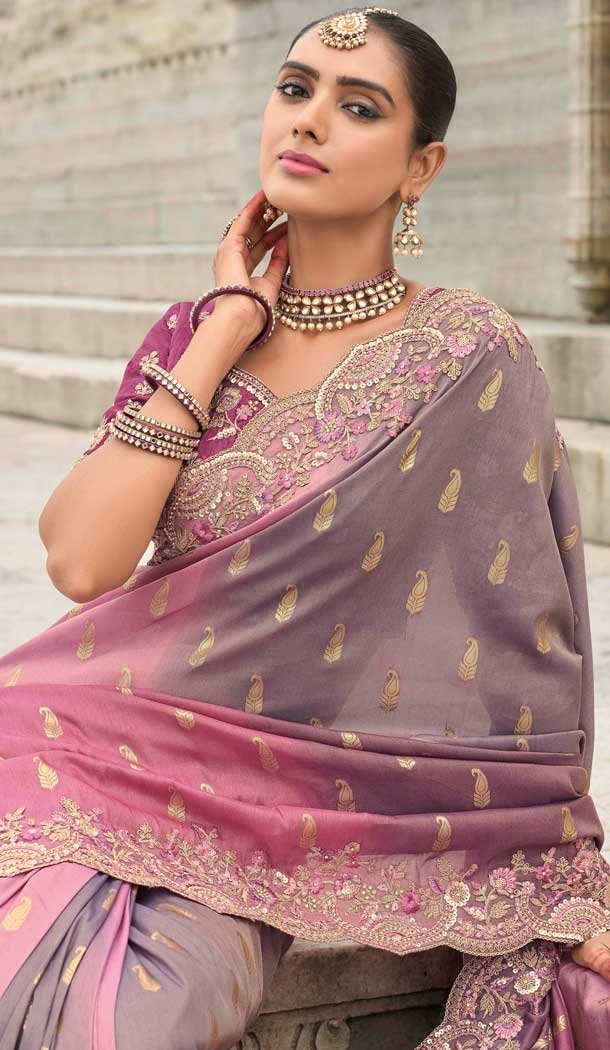 Multi Color Tissue Silk Embroidery Butti Work Wedding Wear Saree - 11615202171