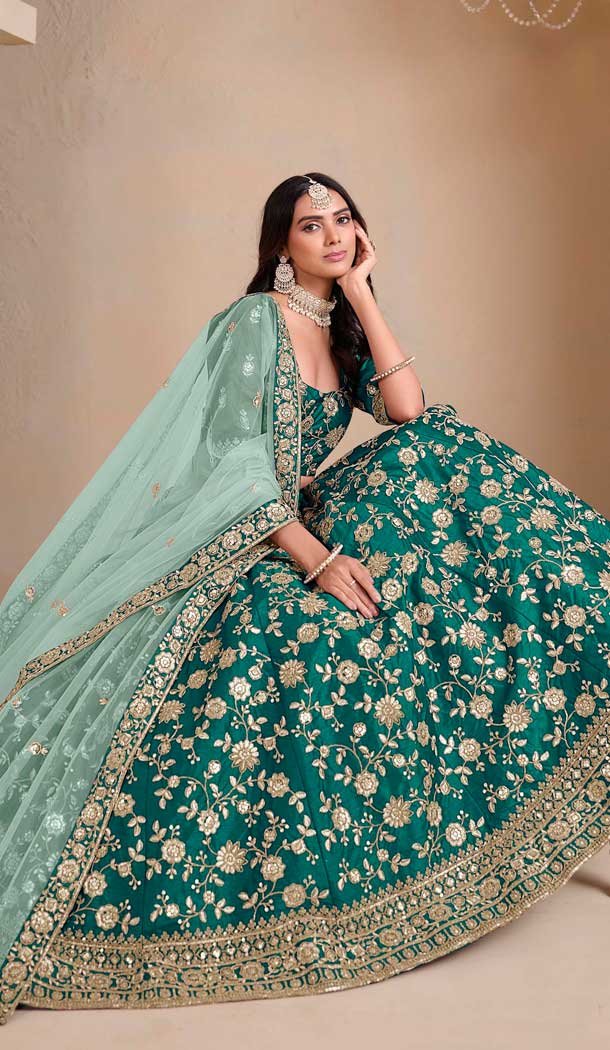 Art Silk Embroidered Designer Wear Lehenga Choli In Rama Green - 11616202172