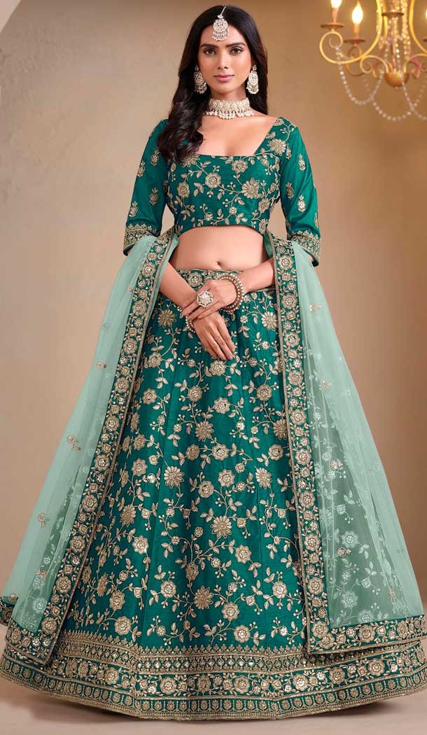 Art Silk Embroidered Designer Wear Lehenga Choli In Rama Green - 11616202172