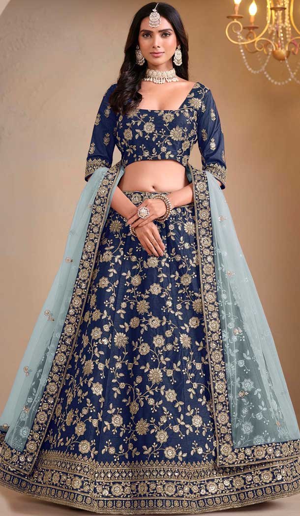Art Silk Embroidered Designer Wear Lehenga Choli In Navy Blue - 11616202174