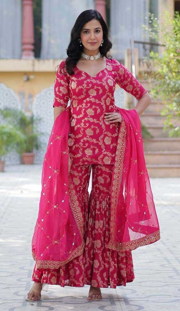 Georgette Jacquard Work Party Wear Sharara Suit In Rani Pink - 11624202203