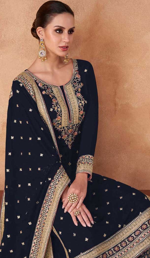 Georgette Embroidered Party Wear Palazzo Salwar Suit In Navy Blue - 11580201802