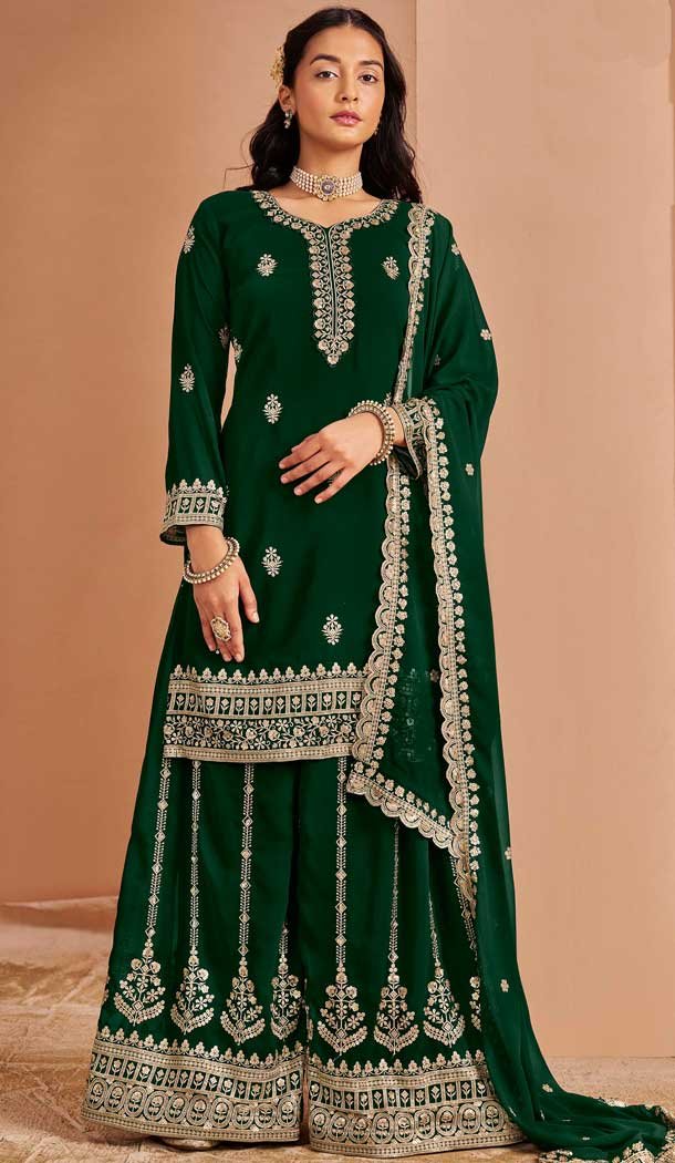 Green Faux Georgette Embroidered Pakistani Style Palazzo Salwar Suit - 11581201803