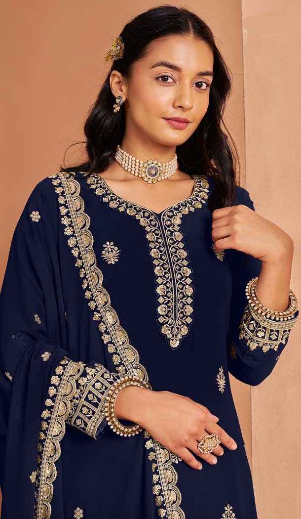 Navy Blue Faux Georgette Embroidered Pakistani Style Palazzo Salwar Suit - 11581201805