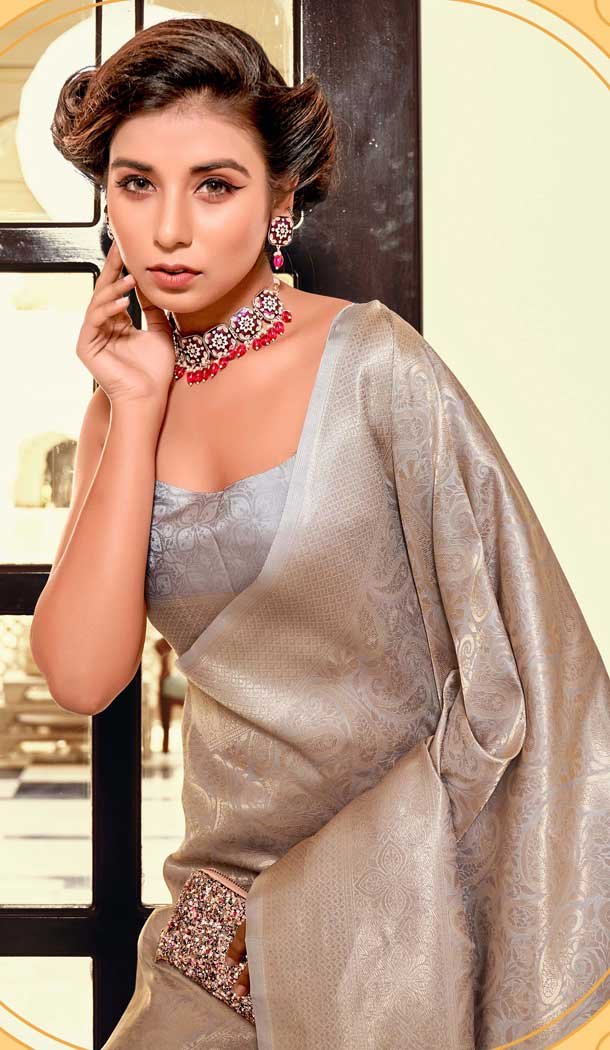 Grey Kanchivaram Silk Zari Weaving Work Party Wear Saree - 11626202207