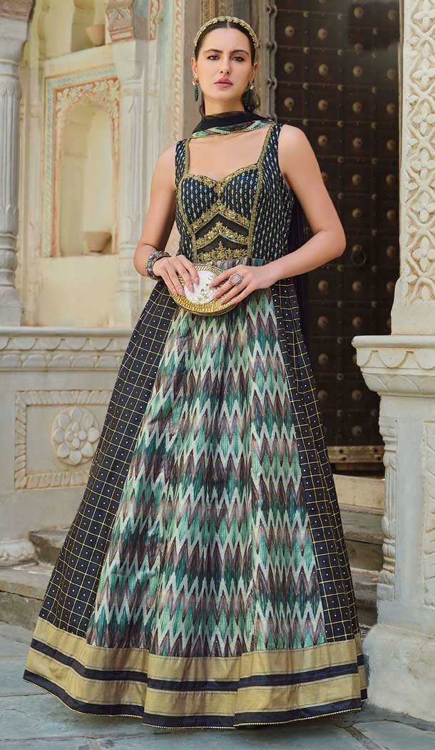 Green Smooth Silk Foil Print Work Wedding Wear Gown With Dupatta - 11627202212
