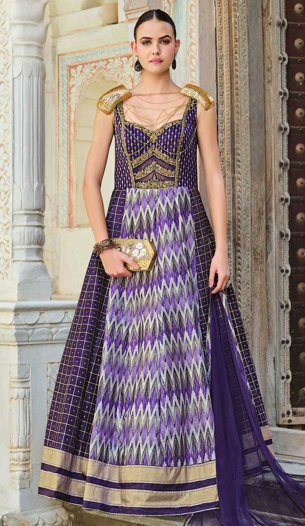 Purple Smooth Silk Foil Print Work Wedding Wear Gown With Dupatta - 11627202213