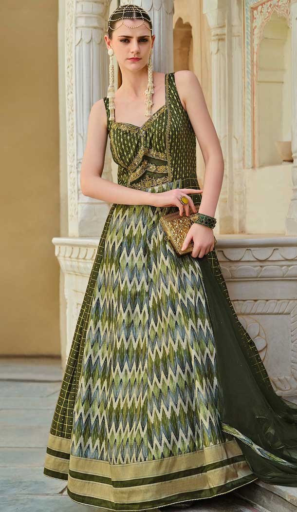 Mehendi Green Smooth Silk Foil Print Work Wedding Wear Gown With Dupatta - 11627202214