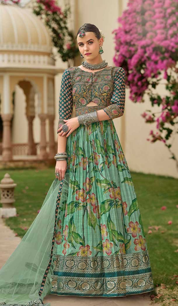 Mint Green Smooth Silk Foil Print Work Wedding Wear Gown With Dupatta - 11627202215