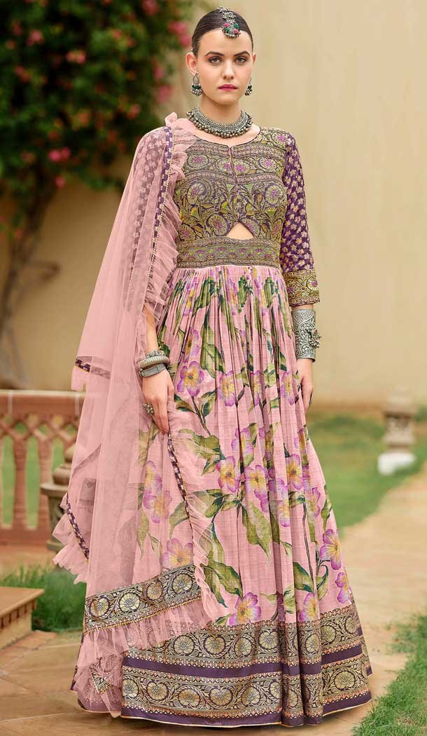 Light Pink Smooth Silk Foil Print Work Wedding Wear Gown With Dupatta - 11627202216