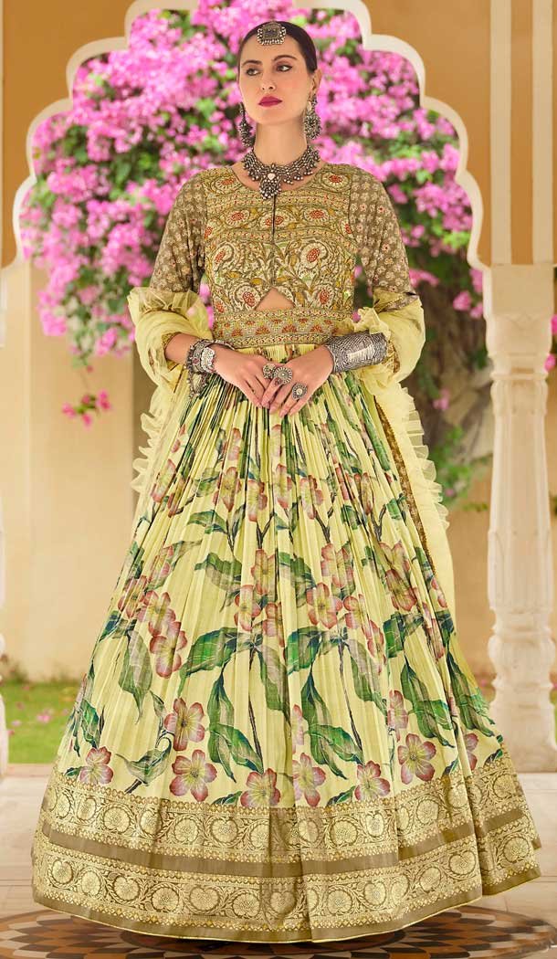 Light Yellow Smooth Silk Foil Print Work Wedding Wear Gown With Dupatta - 11627202218